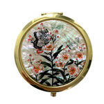 NAMIN Craft Portable Korean Mother-of-Pearl Double-Sided Compact Mirror (70mm x 75mm) Butterfly and Flower White _ 1x Magnifying Mirror, One-Touch Open, Korean Traditional Handicraft, Souvenir, Made in Korea